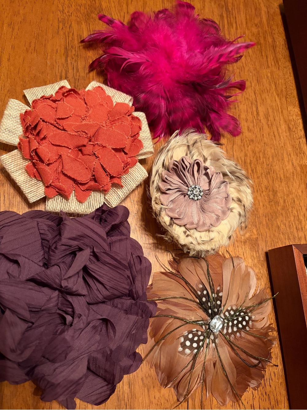 LOT Feather and Fabric Flower Hat/clothing clips Fuchsia, Rust, Taupe, Plum, Tan